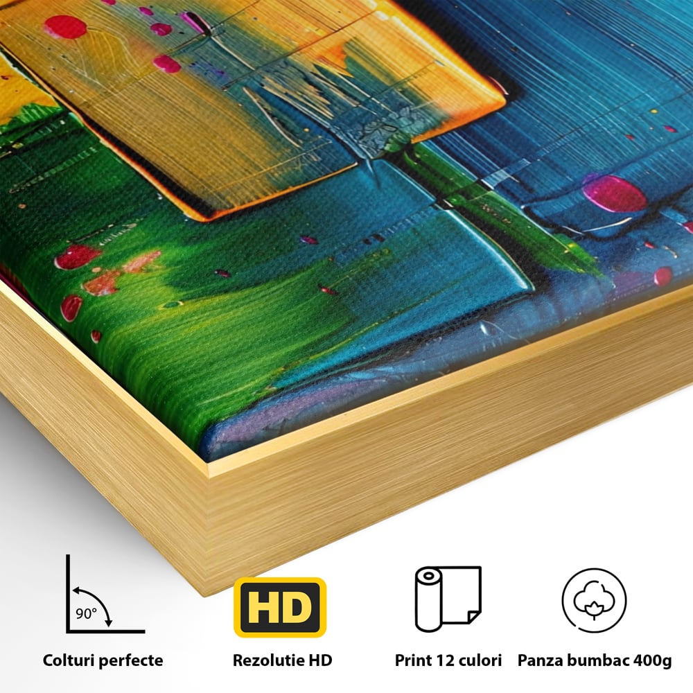 Detaliu al suprafetei: pictura abstracta cu patrate colorate in relief, in rama de aluminiu auriu